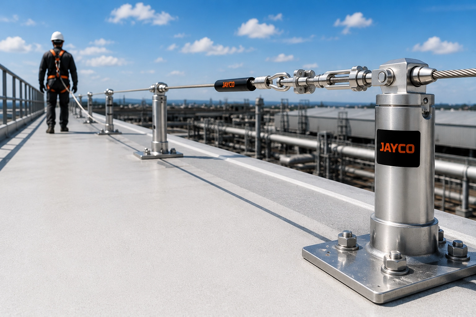 Worker using horizontal fixed line on roof